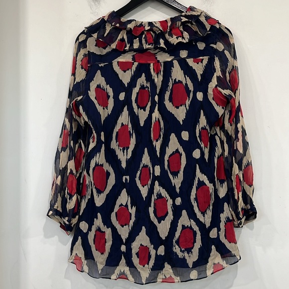 Diane von Furstenberg Candela Bis Silk Ruffle Long Sleeve Blouse Top Navy Red 10 - Picture 9 of 14